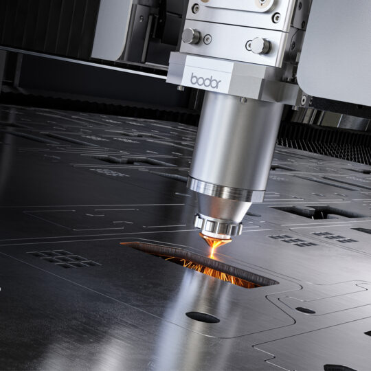 Industrial laser cutting machine slicing a metal sheet, sparks flying from the cut and Bodor branding visible in the corner
