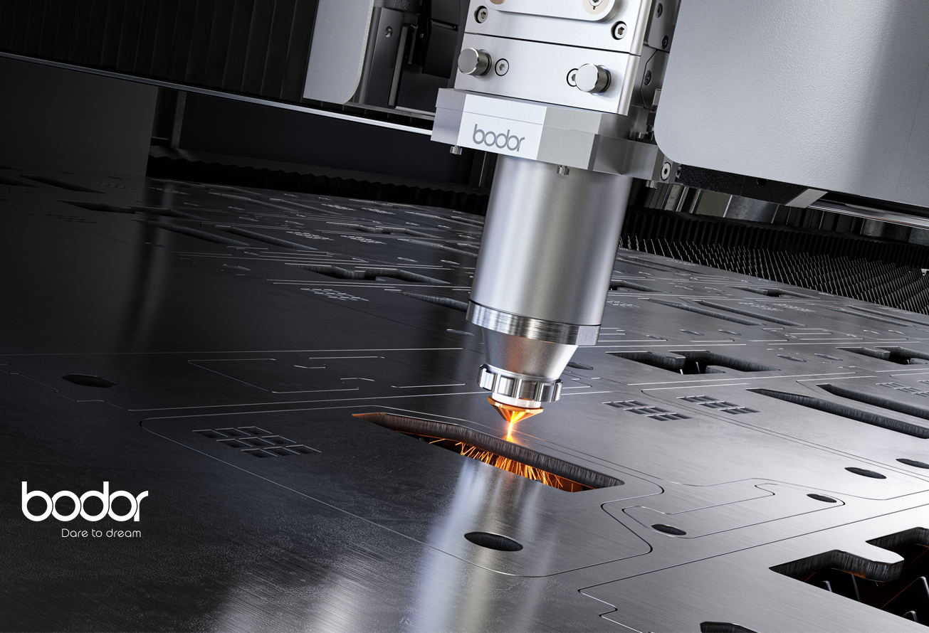 Industrial laser cutting machine slicing a metal sheet, sparks flying from the cut and Bodor branding visible in the corner