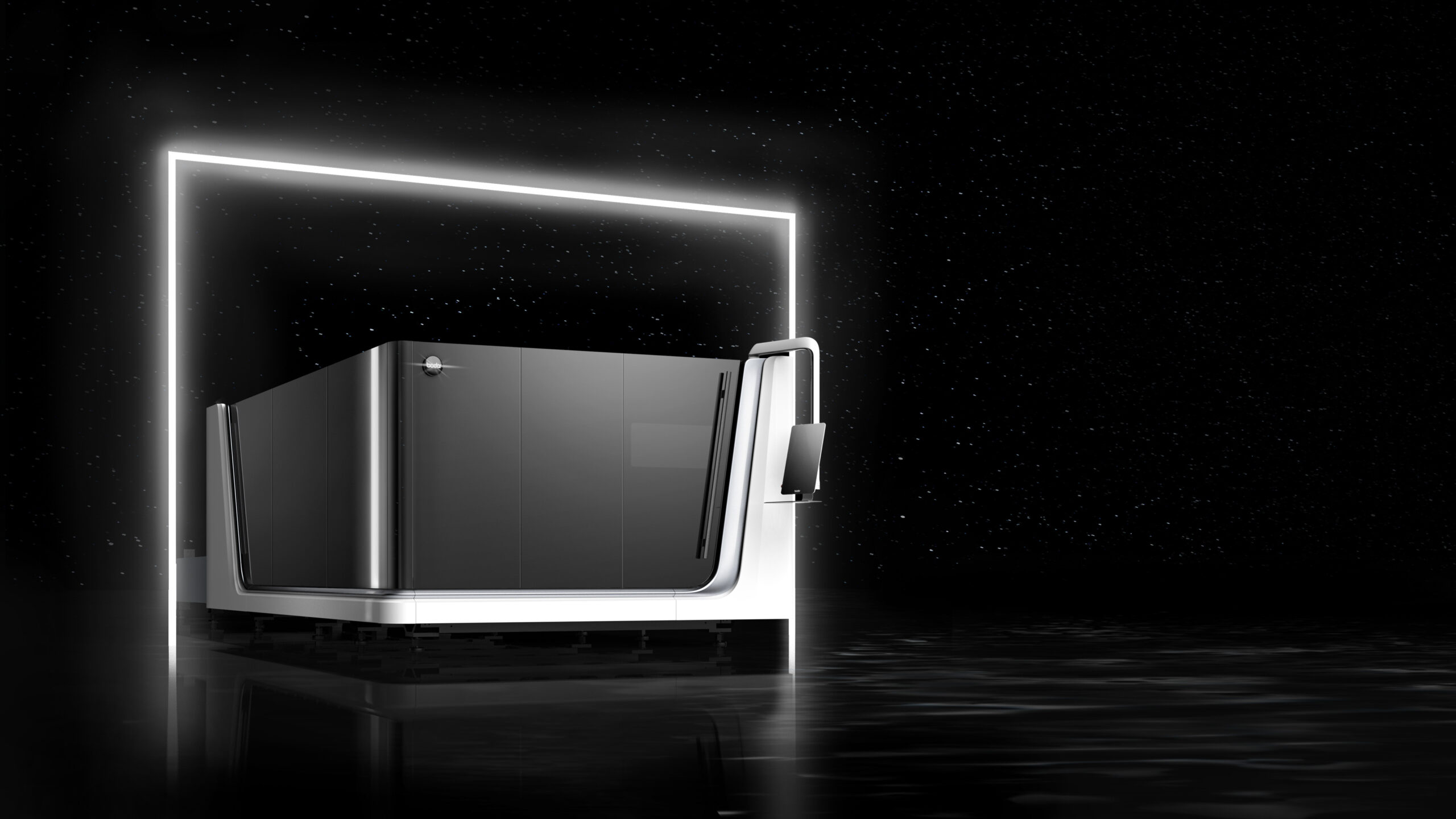 Futuristic kitchen appliance with a glowing rectangular frame and glossy panels, set against a space-like starry background.