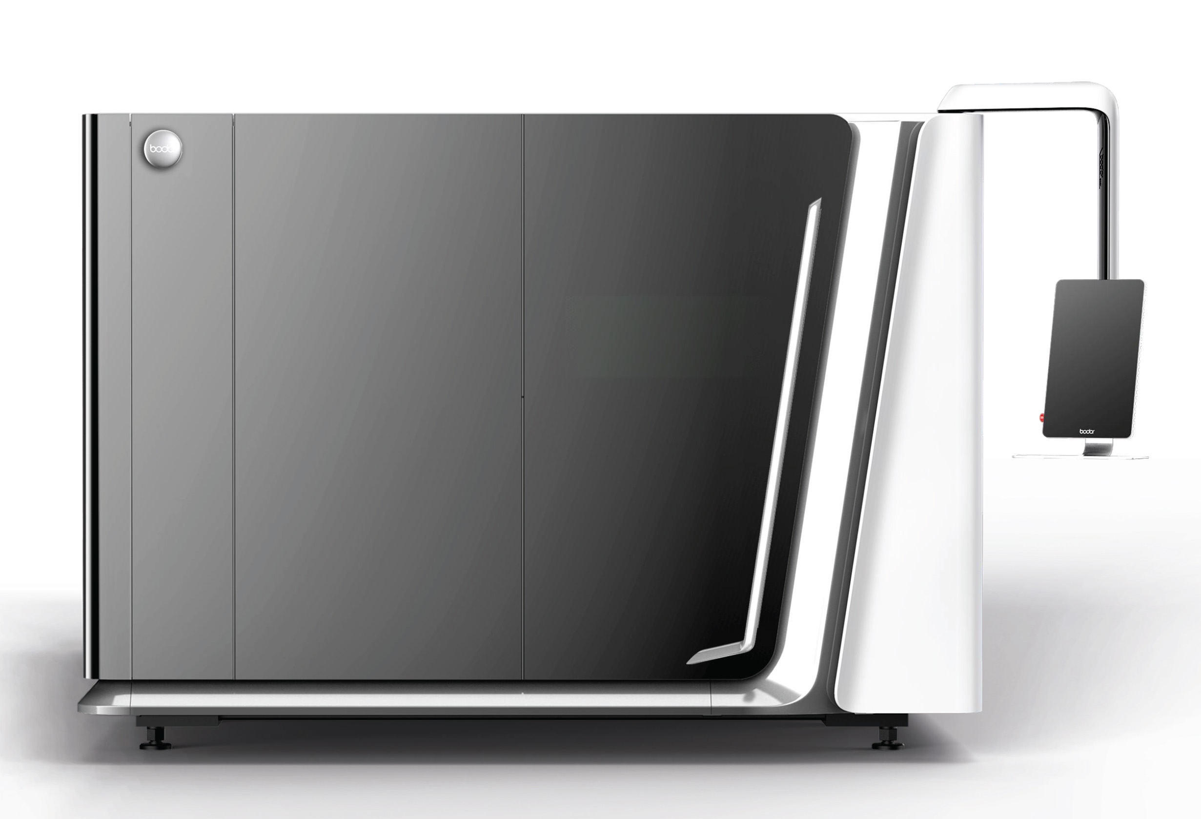 Side-by-side stainless steel refrigerator with large gray doors and sleek chrome trim, shown in a modern kitchen setup.