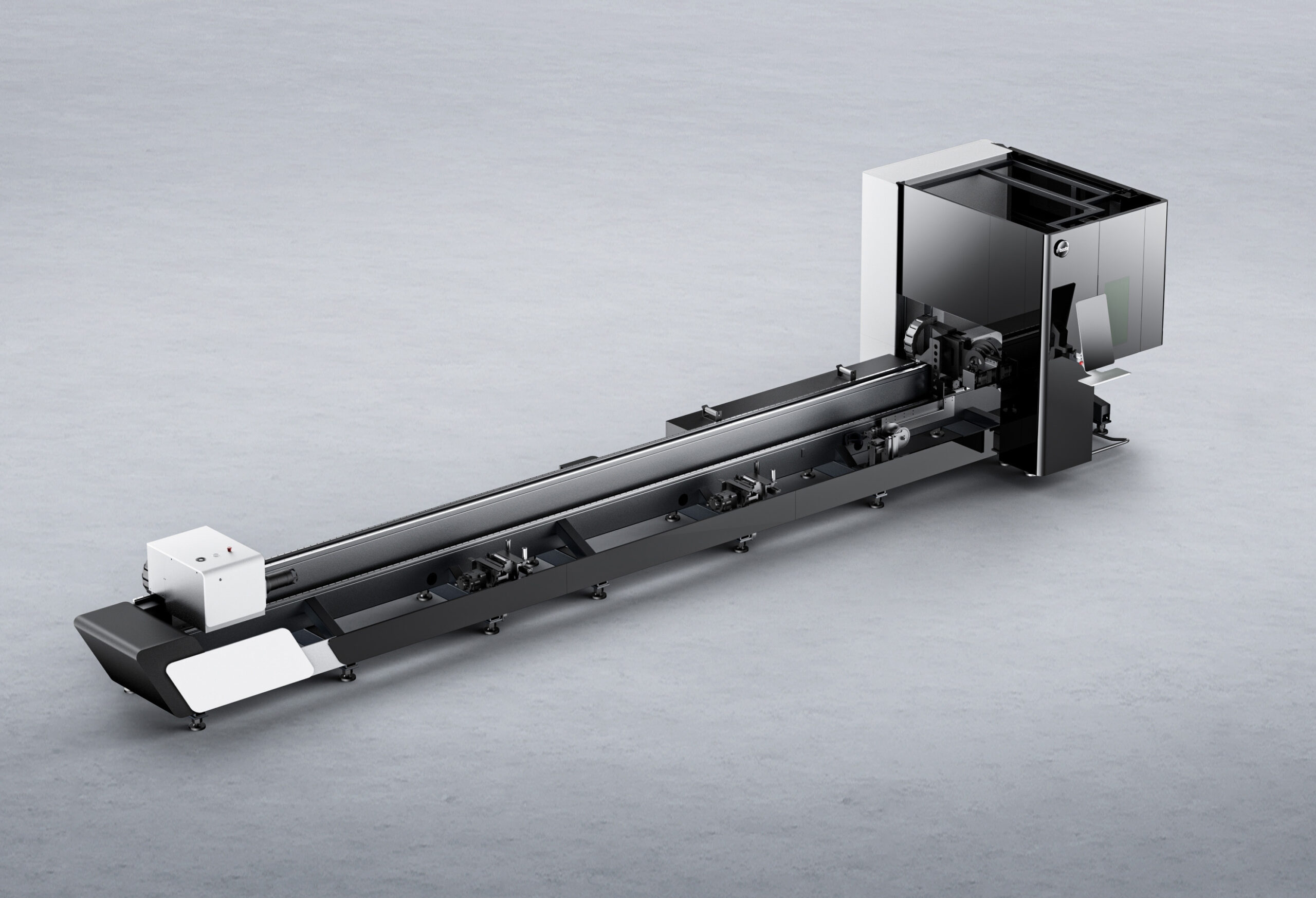 Industrial conveyor system with a long metal track leading to a tall glossy processing cabinet at the far end in a factory setting.