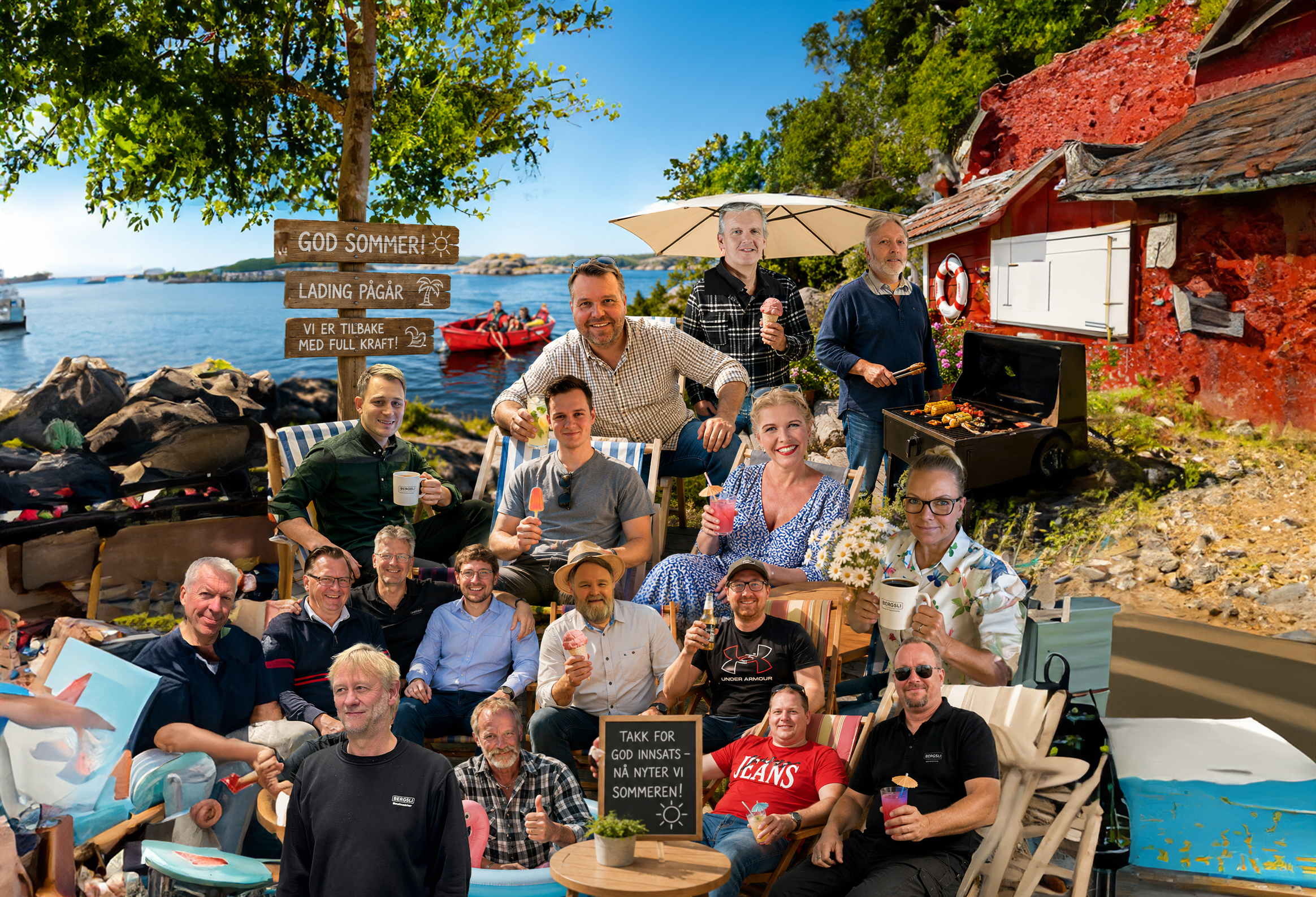 Group of people at a seaside barbecue, smiling around drinks and a grill, with wooden signs and a red building nearby.